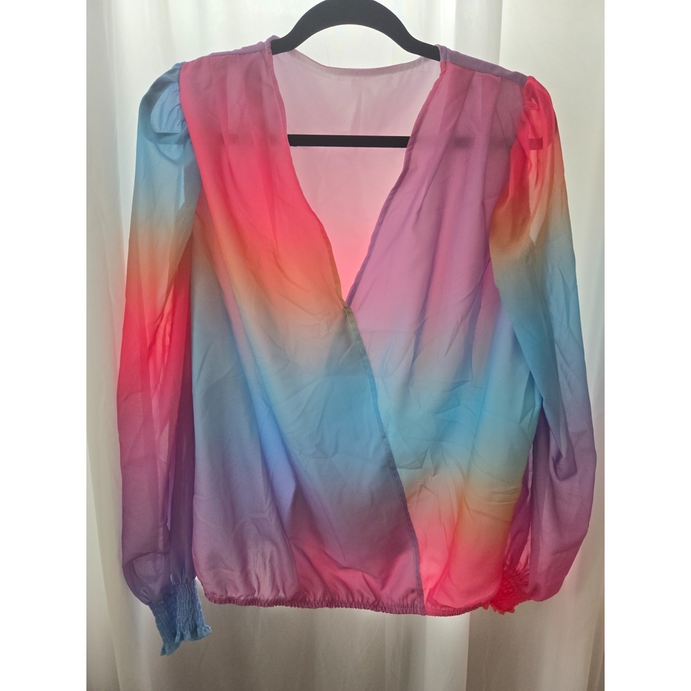 Womens 1XL Rainbow Ombre Sheer Blouse Pride Festival Pastel Top Faux Wrap
